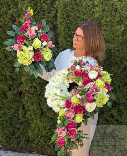 Zestaw: Kompozycja koło " Fuksjowo - Seledynowe Wspomnienie" + bukiet