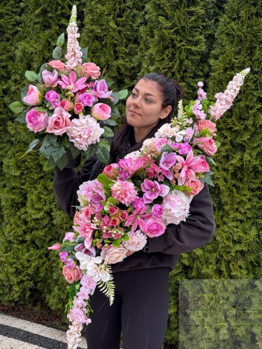 Zestaw: Kompozycja fala + bukiet w kolorystyce różu