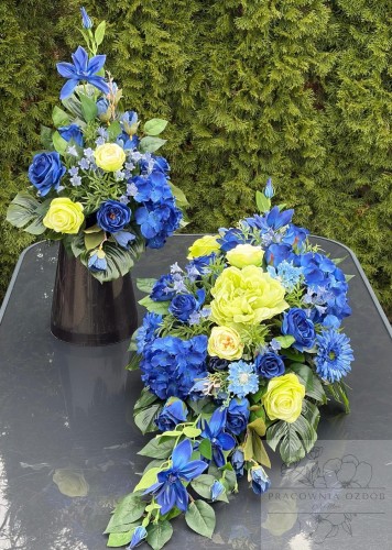 Zestaw: Kompozycja podłużna + bukiet w chabrze i seledynie