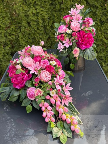 Zestaw: Kompozycja łezka + bukiet w kolorystyce różu