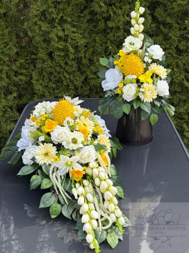Zestaw: Kompozycja łezka + bukiet w żółtym i bieli