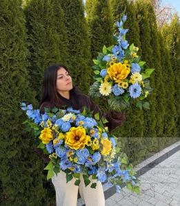 Zestaw: Złocisto-Błękitna Kompozycja + bukiet 