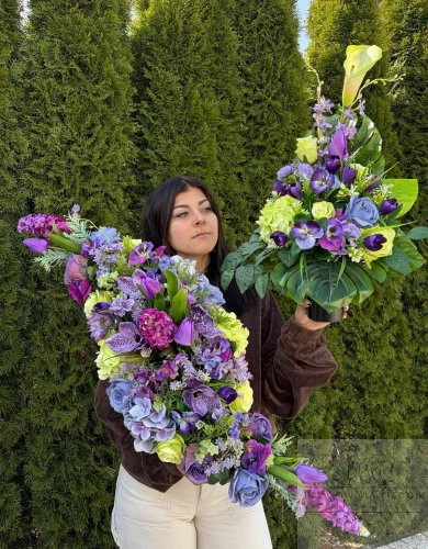 Zestaw: Kompozycja fala + bukiet w seledynie i fiolecie