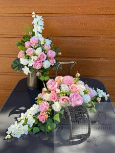 Zestaw: Kompozycja leżak + bukiet w bieli i różu