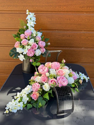 Zestaw: Kompozycja leżak + bukiet w bieli i różu