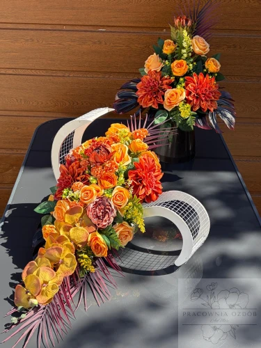 Zestaw: Kompozycja leżak + bukiet w rudościach