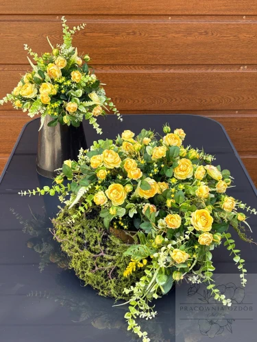 Zestaw: Kompozycja " Złoty Spokój" + bukiet